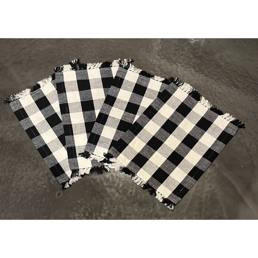 Mainstays Buffalo Black & White Plaid Woven Cotton Placemats Fringed Edges (4)